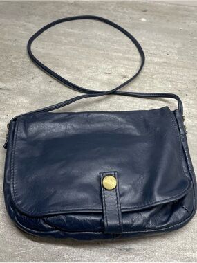 vintage Leather Crossbody Bag Womens Medium Navy Blue Good Soft Flap Brass